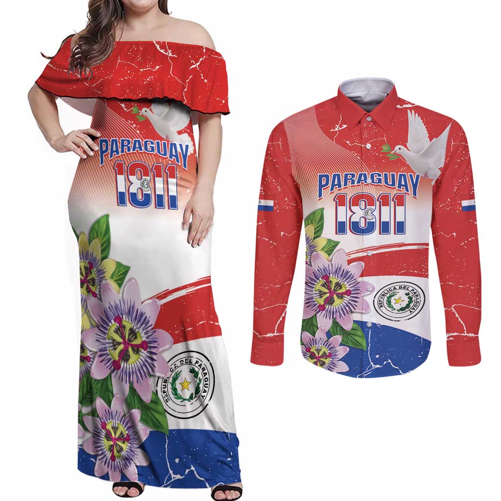 Paraguay 1811 Independence Day Couples Matching Off Shoulder Maxi Dress and Long Sleeve Button Shirt Grunge Flag Mix Passion Flowers