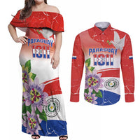 Paraguay 1811 Independence Day Couples Matching Off Shoulder Maxi Dress and Long Sleeve Button Shirt Grunge Flag Mix Passion Flowers