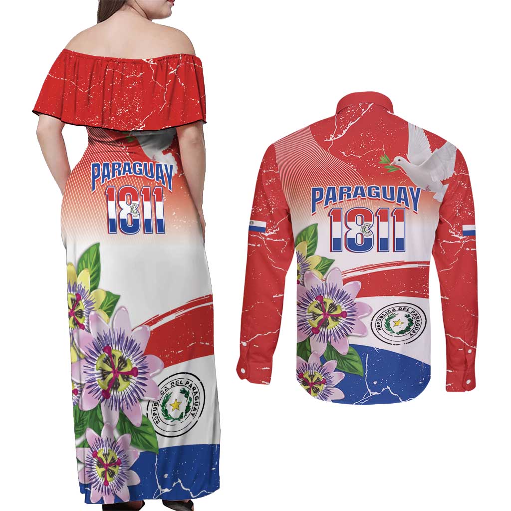 Paraguay 1811 Independence Day Couples Matching Off Shoulder Maxi Dress and Long Sleeve Button Shirt Grunge Flag Mix Passion Flowers