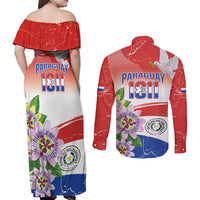 Paraguay 1811 Independence Day Couples Matching Off Shoulder Maxi Dress and Long Sleeve Button Shirt Grunge Flag Mix Passion Flowers