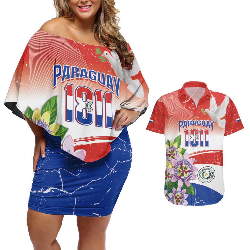 Paraguay 1811 Independence Day Couples Matching Off Shoulder Short Dress and Hawaiian Shirt Grunge Flag Mix Passion Flowers