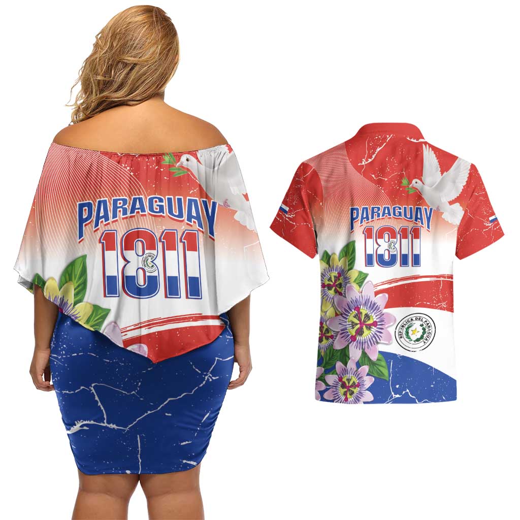 Paraguay 1811 Independence Day Couples Matching Off Shoulder Short Dress and Hawaiian Shirt Grunge Flag Mix Passion Flowers
