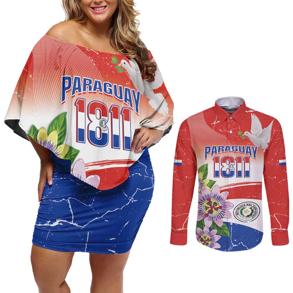 Paraguay 1811 Independence Day Couples Matching Off Shoulder Short Dress and Long Sleeve Button Shirt Grunge Flag Mix Passion Flowers