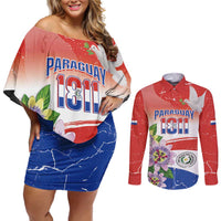 Paraguay 1811 Independence Day Couples Matching Off Shoulder Short Dress and Long Sleeve Button Shirt Grunge Flag Mix Passion Flowers