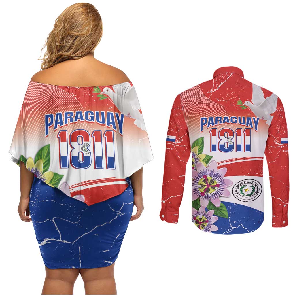 Paraguay 1811 Independence Day Couples Matching Off Shoulder Short Dress and Long Sleeve Button Shirt Grunge Flag Mix Passion Flowers