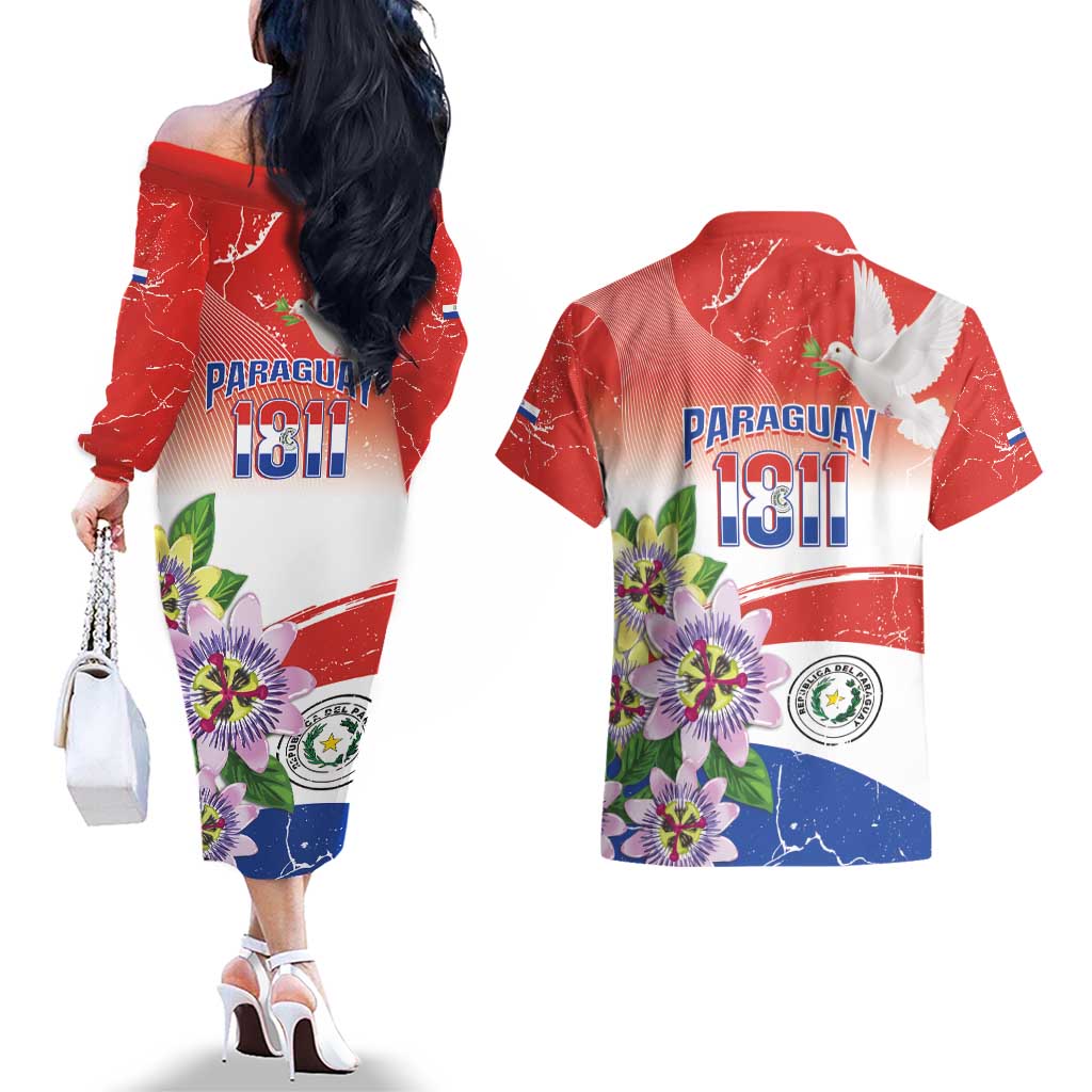 Paraguay 1811 Independence Day Couples Matching Off The Shoulder Long Sleeve Dress and Hawaiian Shirt Grunge Flag Mix Passion Flowers