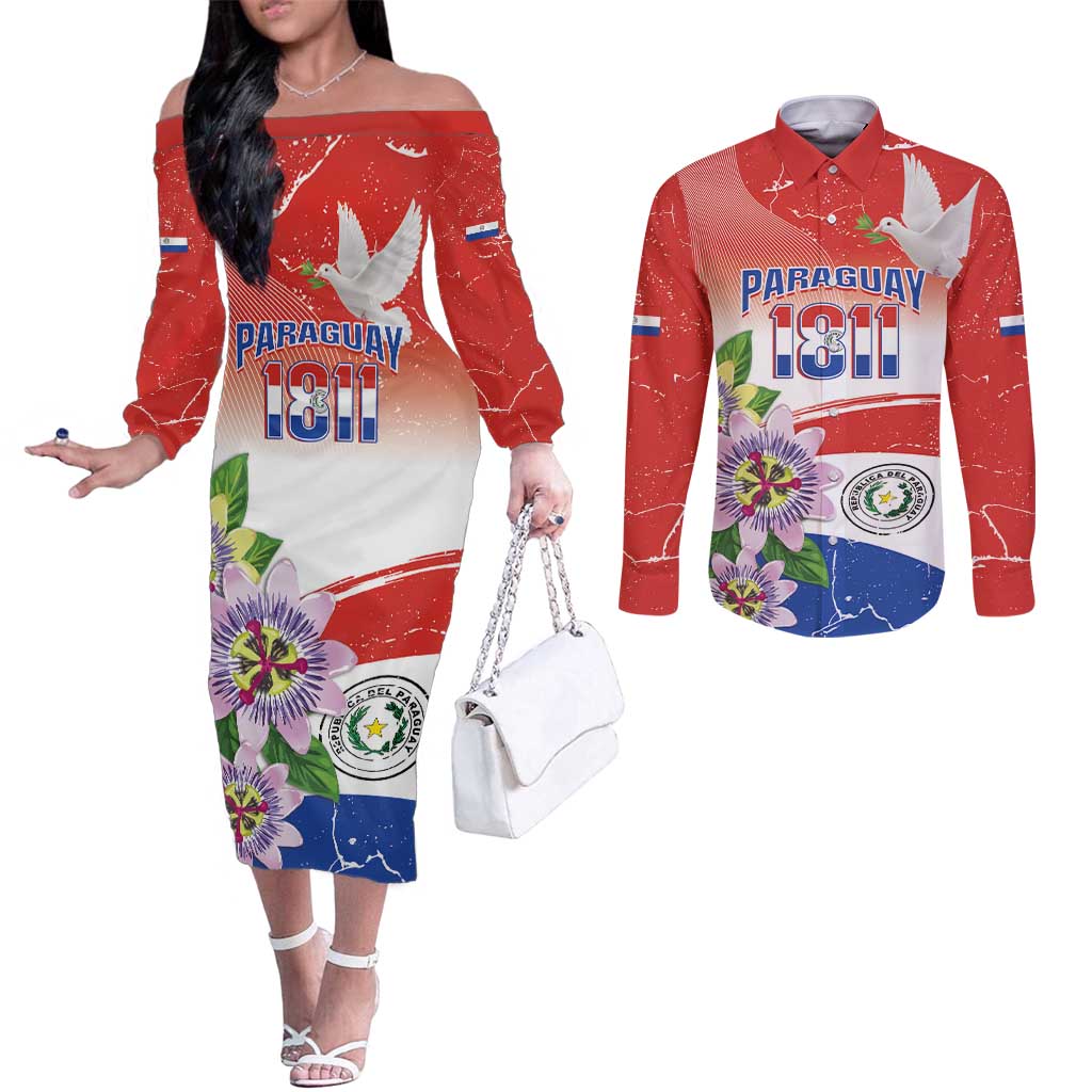 Paraguay 1811 Independence Day Couples Matching Off The Shoulder Long Sleeve Dress and Long Sleeve Button Shirt Grunge Flag Mix Passion Flowers