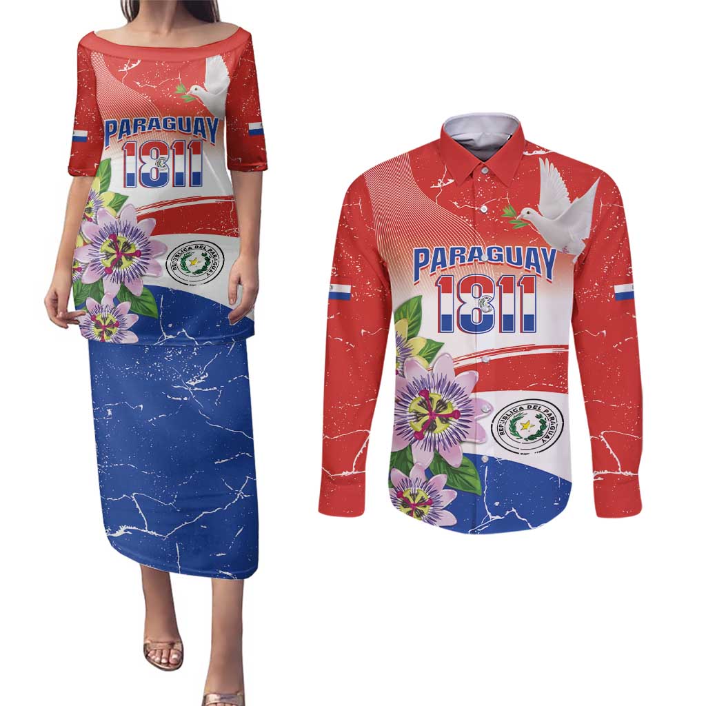 Paraguay 1811 Independence Day Couples Matching Puletasi and Long Sleeve Button Shirt Grunge Flag Mix Passion Flowers