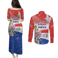 Paraguay 1811 Independence Day Couples Matching Puletasi and Long Sleeve Button Shirt Grunge Flag Mix Passion Flowers