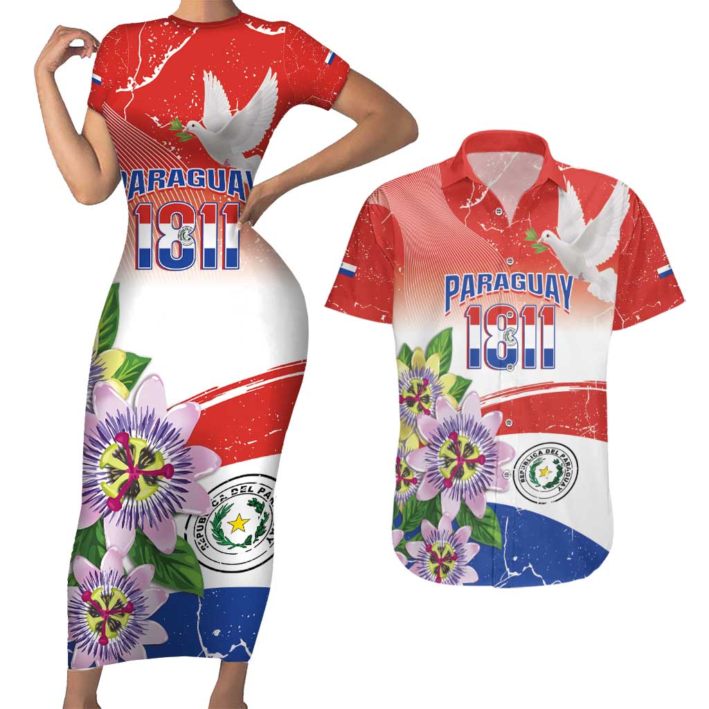 Paraguay 1811 Independence Day Couples Matching Short Sleeve Bodycon Dress and Hawaiian Shirt Grunge Flag Mix Passion Flowers