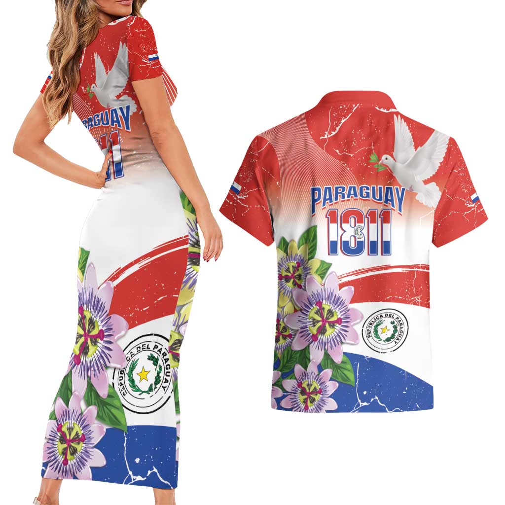 Paraguay 1811 Independence Day Couples Matching Short Sleeve Bodycon Dress and Hawaiian Shirt Grunge Flag Mix Passion Flowers