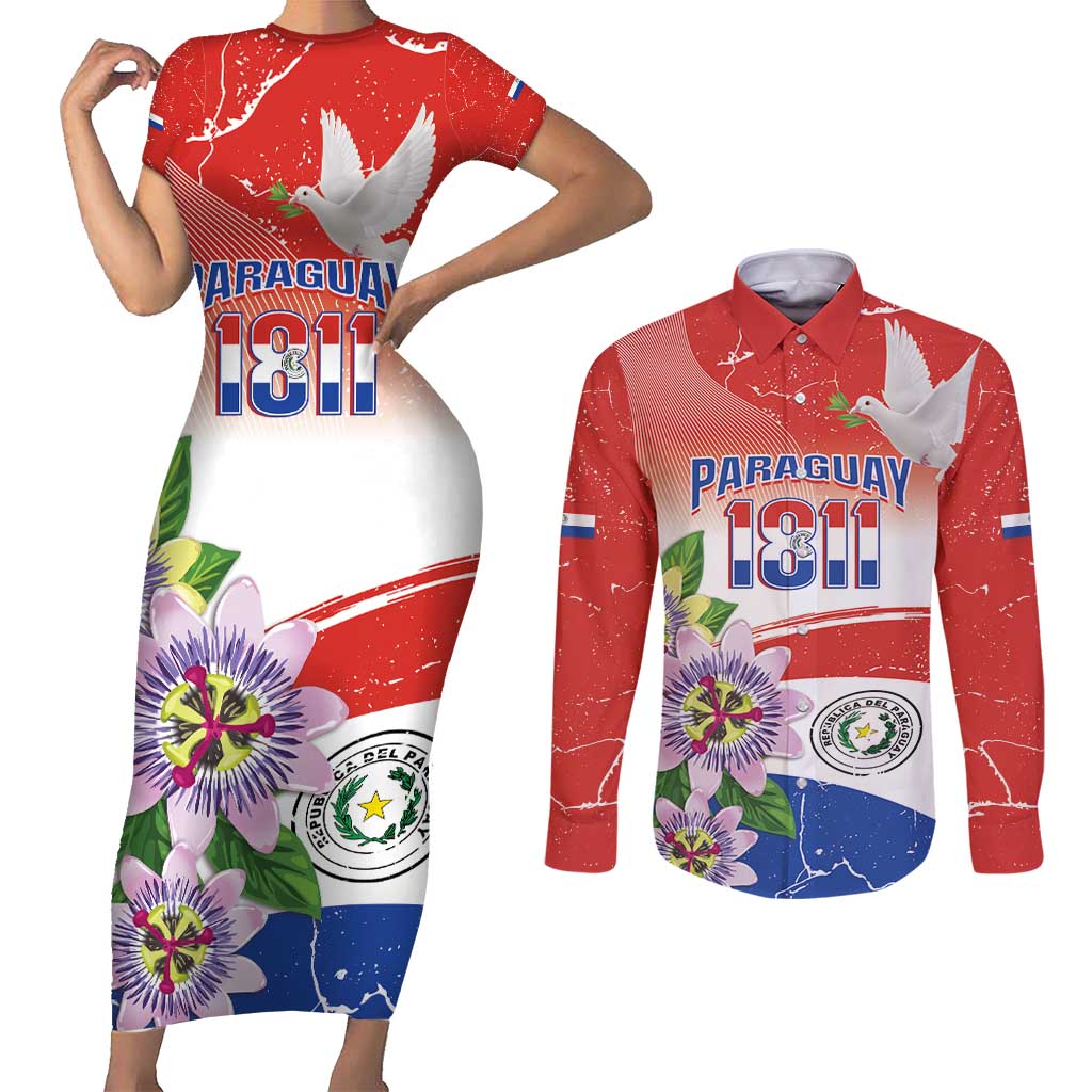 Paraguay 1811 Independence Day Couples Matching Short Sleeve Bodycon Dress and Long Sleeve Button Shirt Grunge Flag Mix Passion Flowers