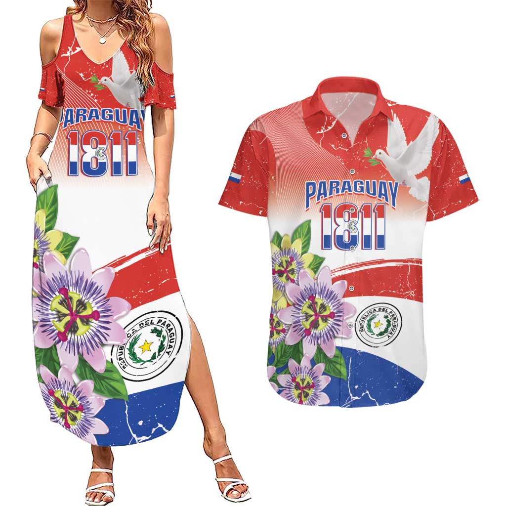 Paraguay 1811 Independence Day Couples Matching Summer Maxi Dress and Hawaiian Shirt Grunge Flag Mix Passion Flowers