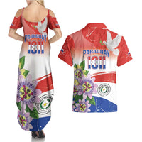 Paraguay 1811 Independence Day Couples Matching Summer Maxi Dress and Hawaiian Shirt Grunge Flag Mix Passion Flowers