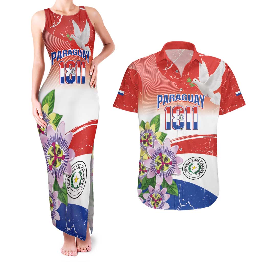 Paraguay 1811 Independence Day Couples Matching Tank Maxi Dress and Hawaiian Shirt Grunge Flag Mix Passion Flowers
