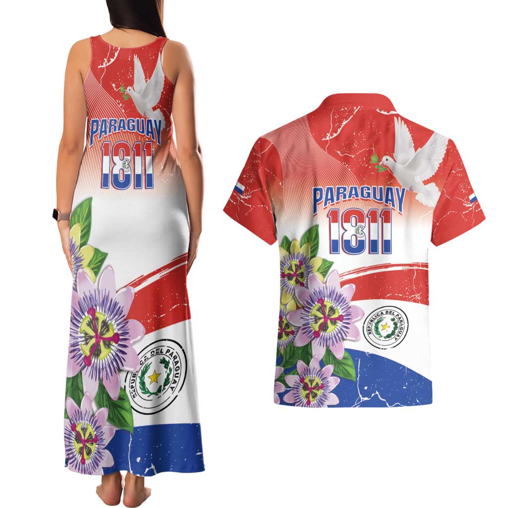 Paraguay 1811 Independence Day Couples Matching Tank Maxi Dress and Hawaiian Shirt Grunge Flag Mix Passion Flowers