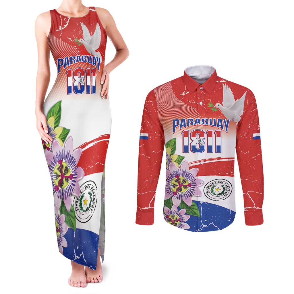 Paraguay 1811 Independence Day Couples Matching Tank Maxi Dress and Long Sleeve Button Shirt Grunge Flag Mix Passion Flowers