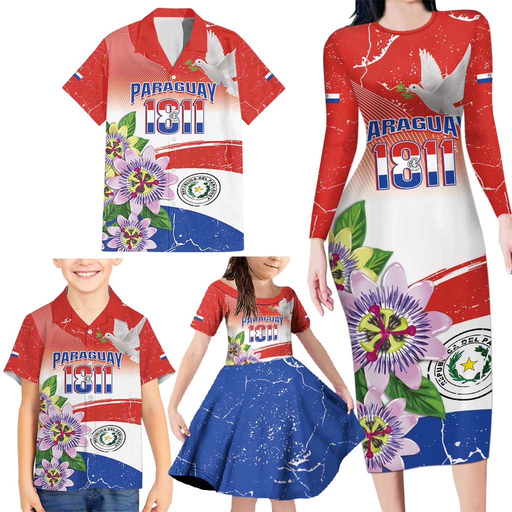 Paraguay 1811 Independence Day Family Matching Long Sleeve Bodycon Dress and Hawaiian Shirt Grunge Flag Mix Passion Flowers