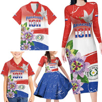 Paraguay 1811 Independence Day Family Matching Long Sleeve Bodycon Dress and Hawaiian Shirt Grunge Flag Mix Passion Flowers