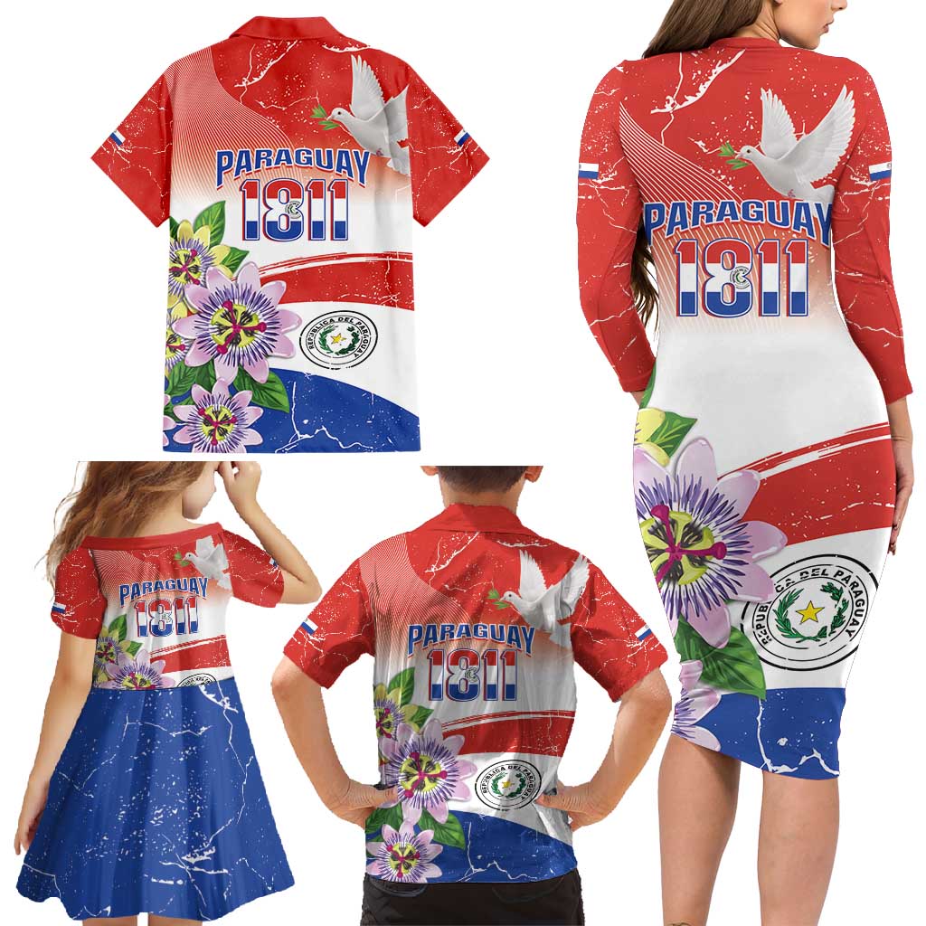 Paraguay 1811 Independence Day Family Matching Long Sleeve Bodycon Dress and Hawaiian Shirt Grunge Flag Mix Passion Flowers