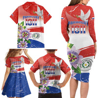 Paraguay 1811 Independence Day Family Matching Long Sleeve Bodycon Dress and Hawaiian Shirt Grunge Flag Mix Passion Flowers