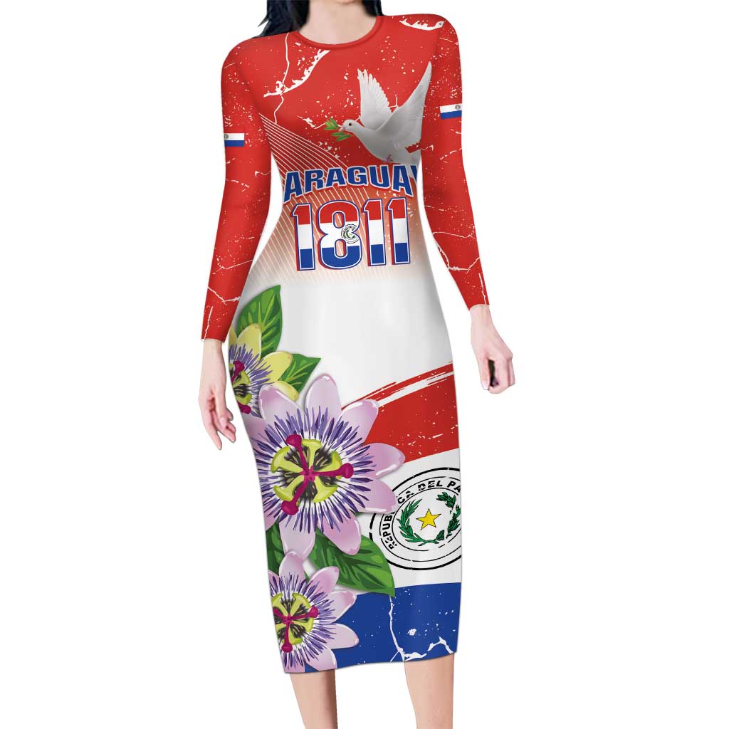 Paraguay 1811 Independence Day Family Matching Long Sleeve Bodycon Dress and Hawaiian Shirt Grunge Flag Mix Passion Flowers