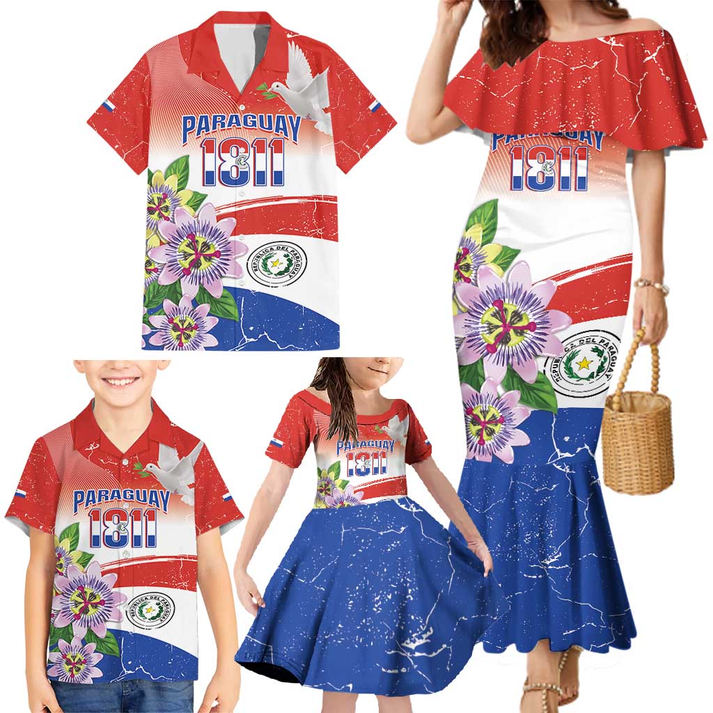 Paraguay 1811 Independence Day Family Matching Mermaid Dress and Hawaiian Shirt Grunge Flag Mix Passion Flowers