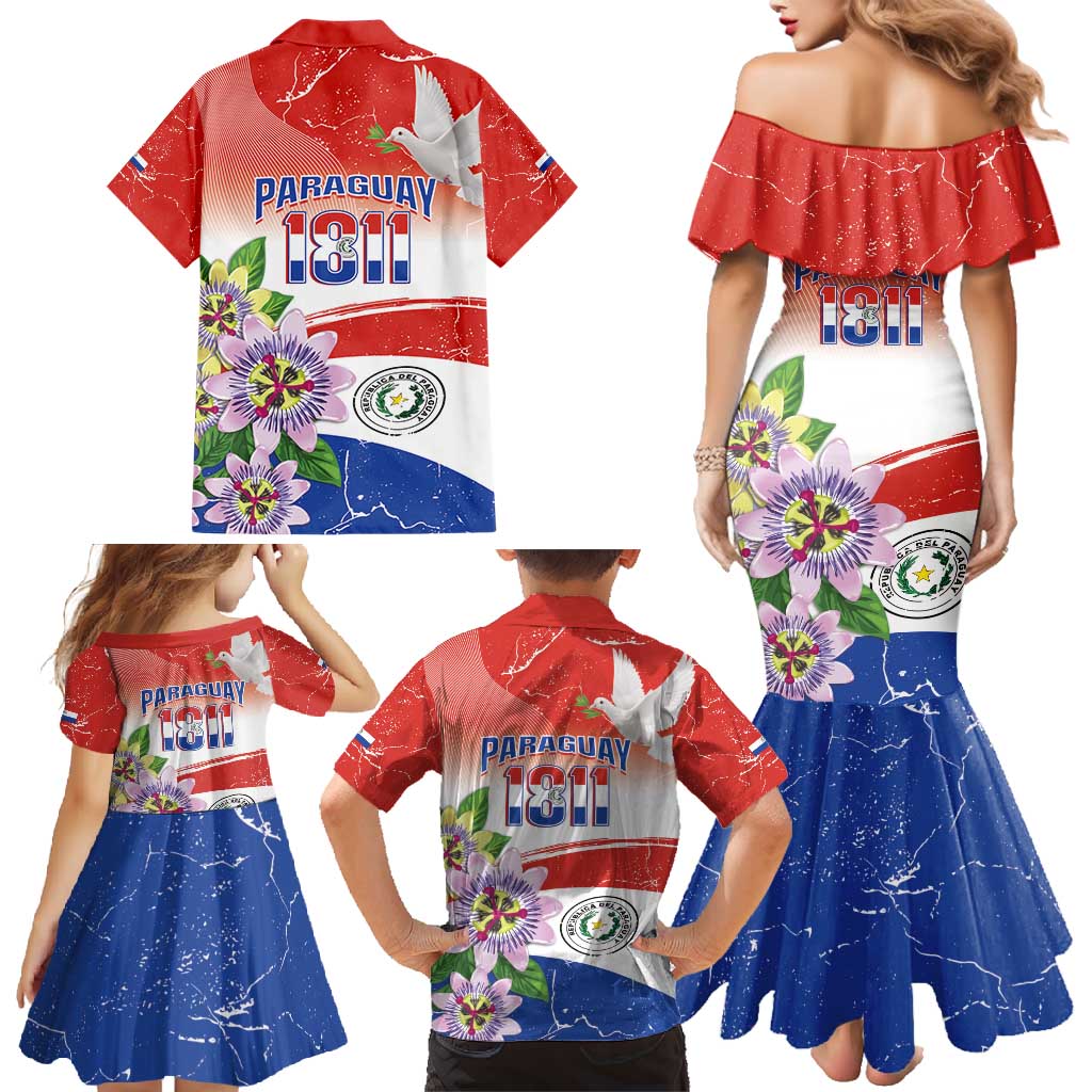 Paraguay 1811 Independence Day Family Matching Mermaid Dress and Hawaiian Shirt Grunge Flag Mix Passion Flowers
