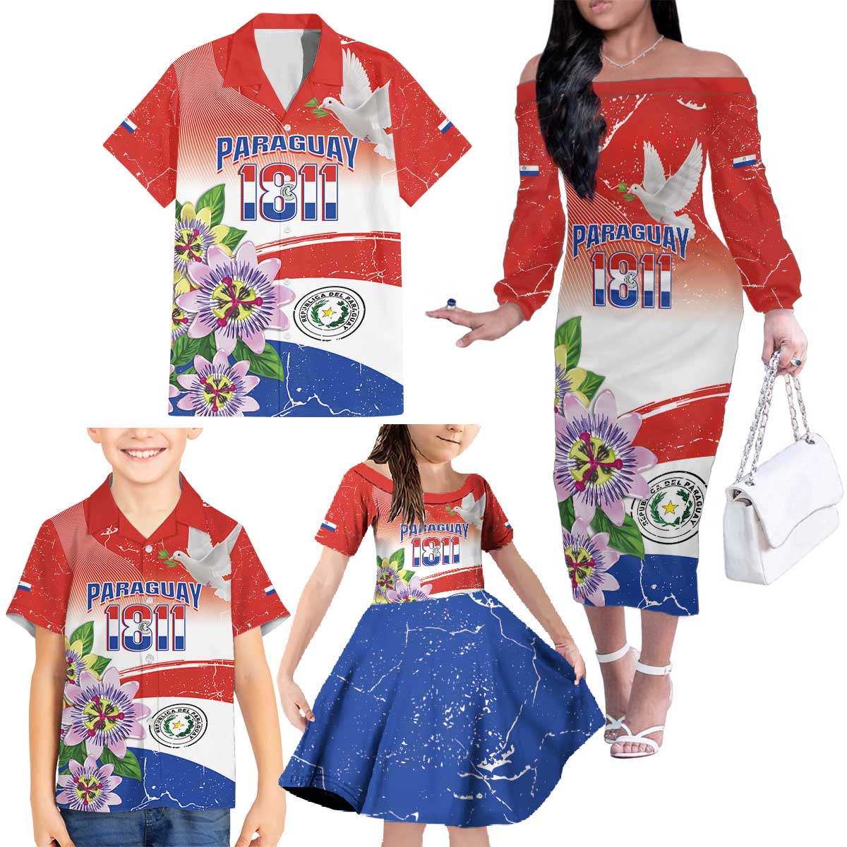 Paraguay 1811 Independence Day Family Matching Off The Shoulder Long Sleeve Dress and Hawaiian Shirt Grunge Flag Mix Passion Flowers