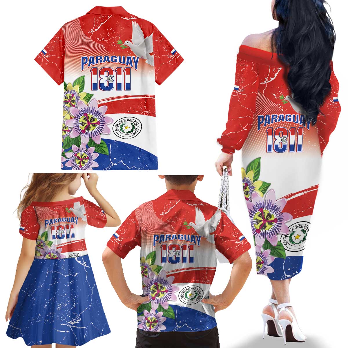 Paraguay 1811 Independence Day Family Matching Off The Shoulder Long Sleeve Dress and Hawaiian Shirt Grunge Flag Mix Passion Flowers
