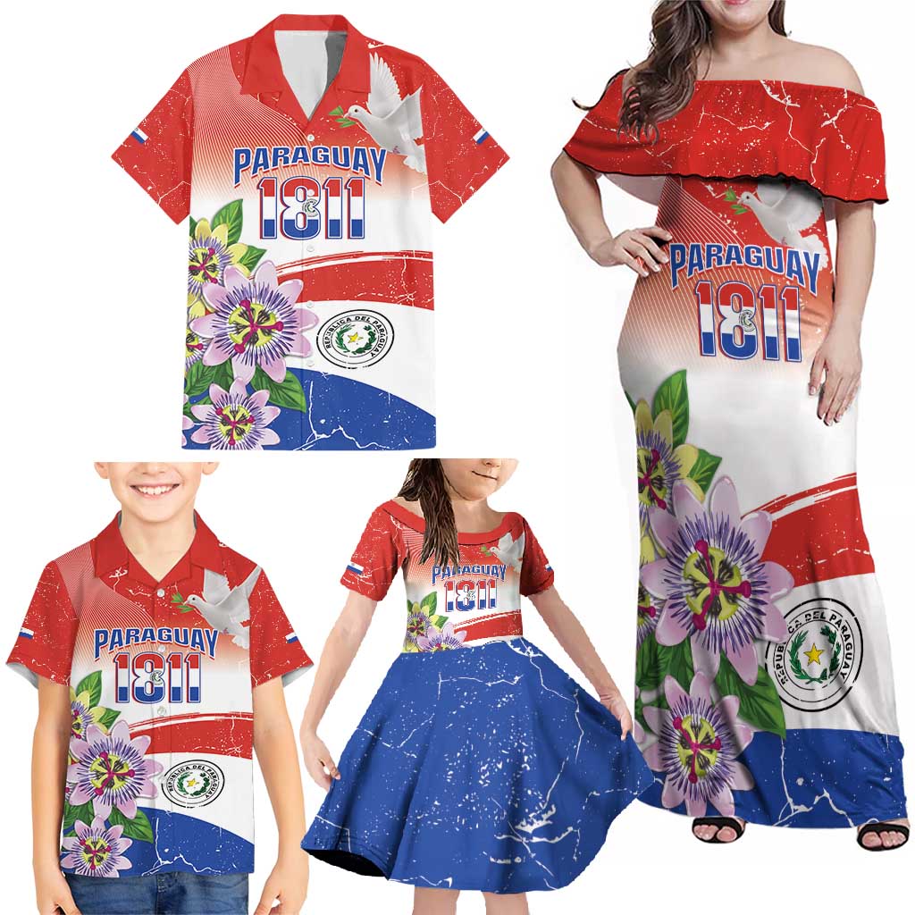 Paraguay 1811 Independence Day Family Matching Off Shoulder Maxi Dress and Hawaiian Shirt Grunge Flag Mix Passion Flowers