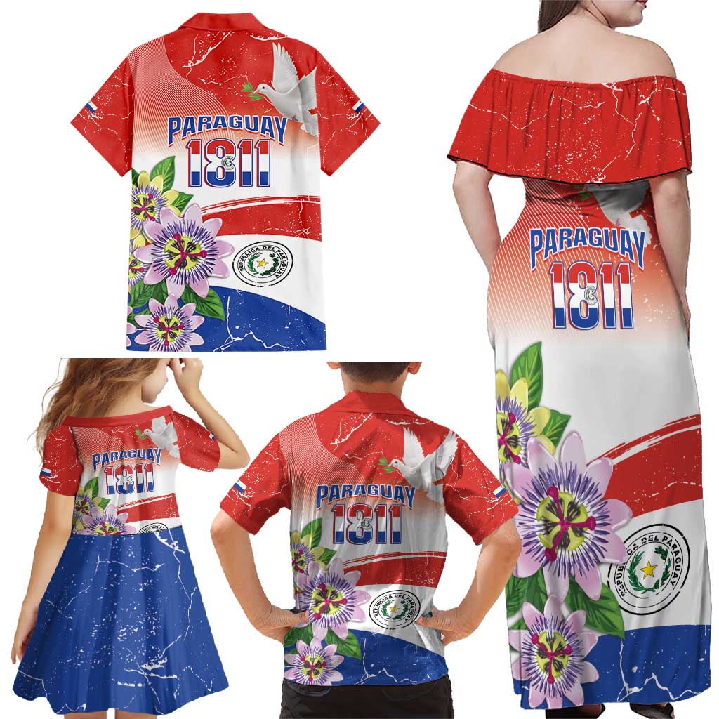 Paraguay 1811 Independence Day Family Matching Off Shoulder Maxi Dress and Hawaiian Shirt Grunge Flag Mix Passion Flowers