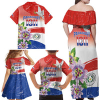 Paraguay 1811 Independence Day Family Matching Off Shoulder Maxi Dress and Hawaiian Shirt Grunge Flag Mix Passion Flowers