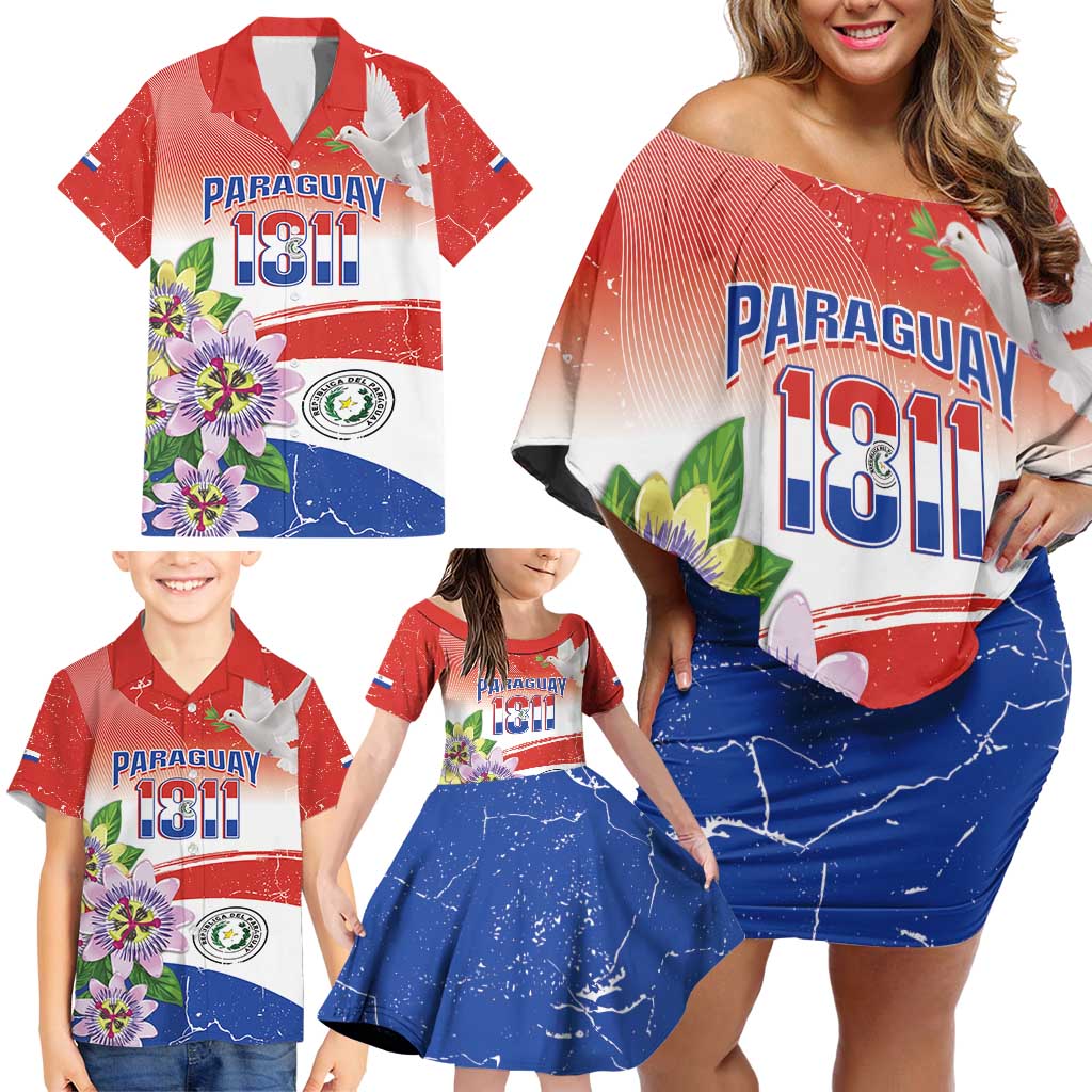 Paraguay 1811 Independence Day Family Matching Off Shoulder Short Dress and Hawaiian Shirt Grunge Flag Mix Passion Flowers
