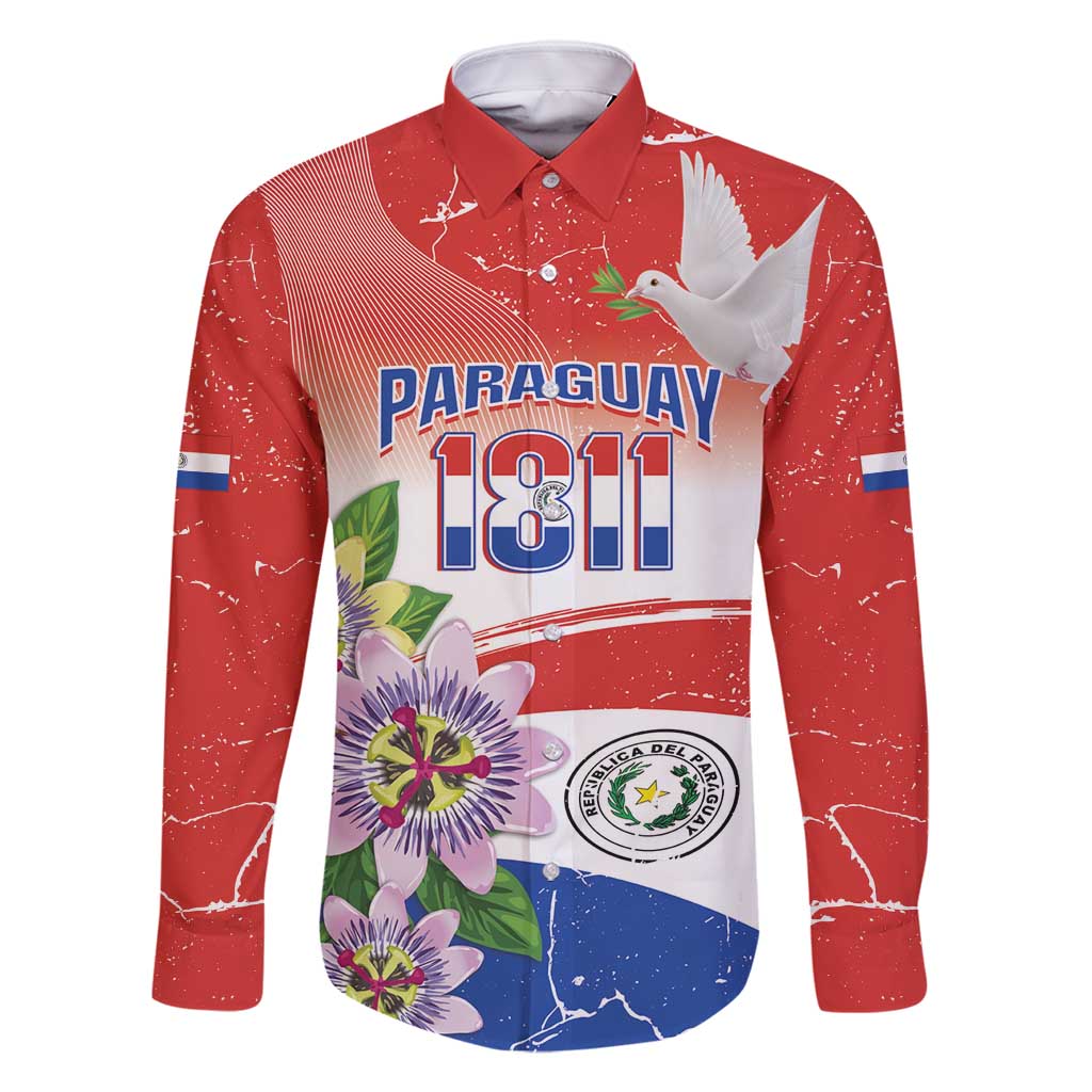 Paraguay 1811 Independence Day Family Matching Off Shoulder Short Dress and Hawaiian Shirt Grunge Flag Mix Passion Flowers