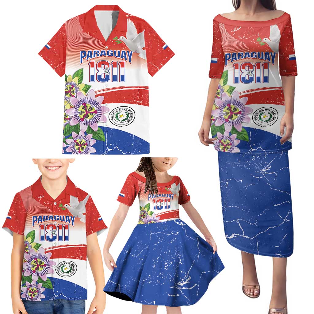 Paraguay 1811 Independence Day Family Matching Puletasi and Hawaiian Shirt Grunge Flag Mix Passion Flowers