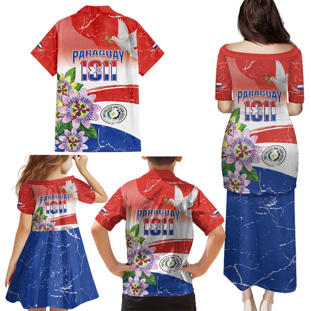 Paraguay 1811 Independence Day Family Matching Puletasi and Hawaiian Shirt Grunge Flag Mix Passion Flowers