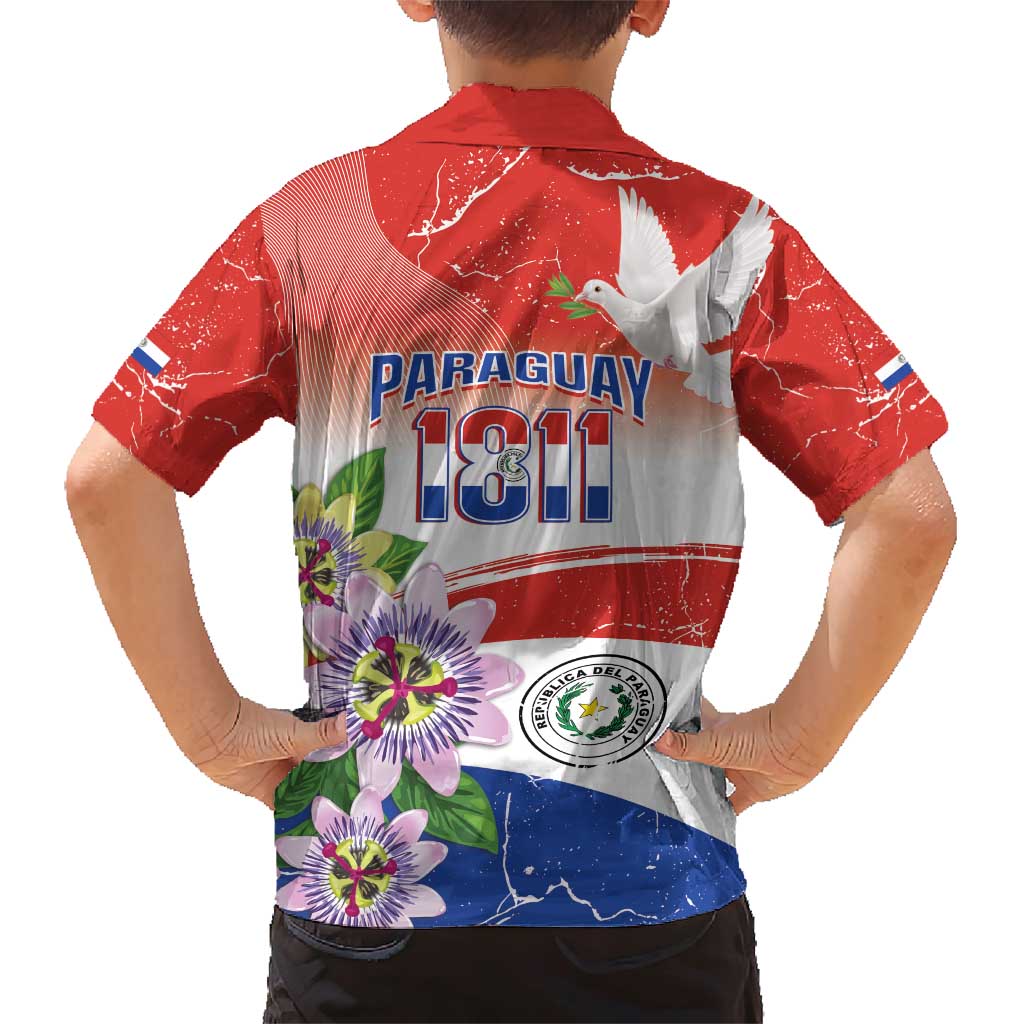 Paraguay 1811 Independence Day Family Matching Short Sleeve Bodycon Dress and Hawaiian Shirt Grunge Flag Mix Passion Flowers