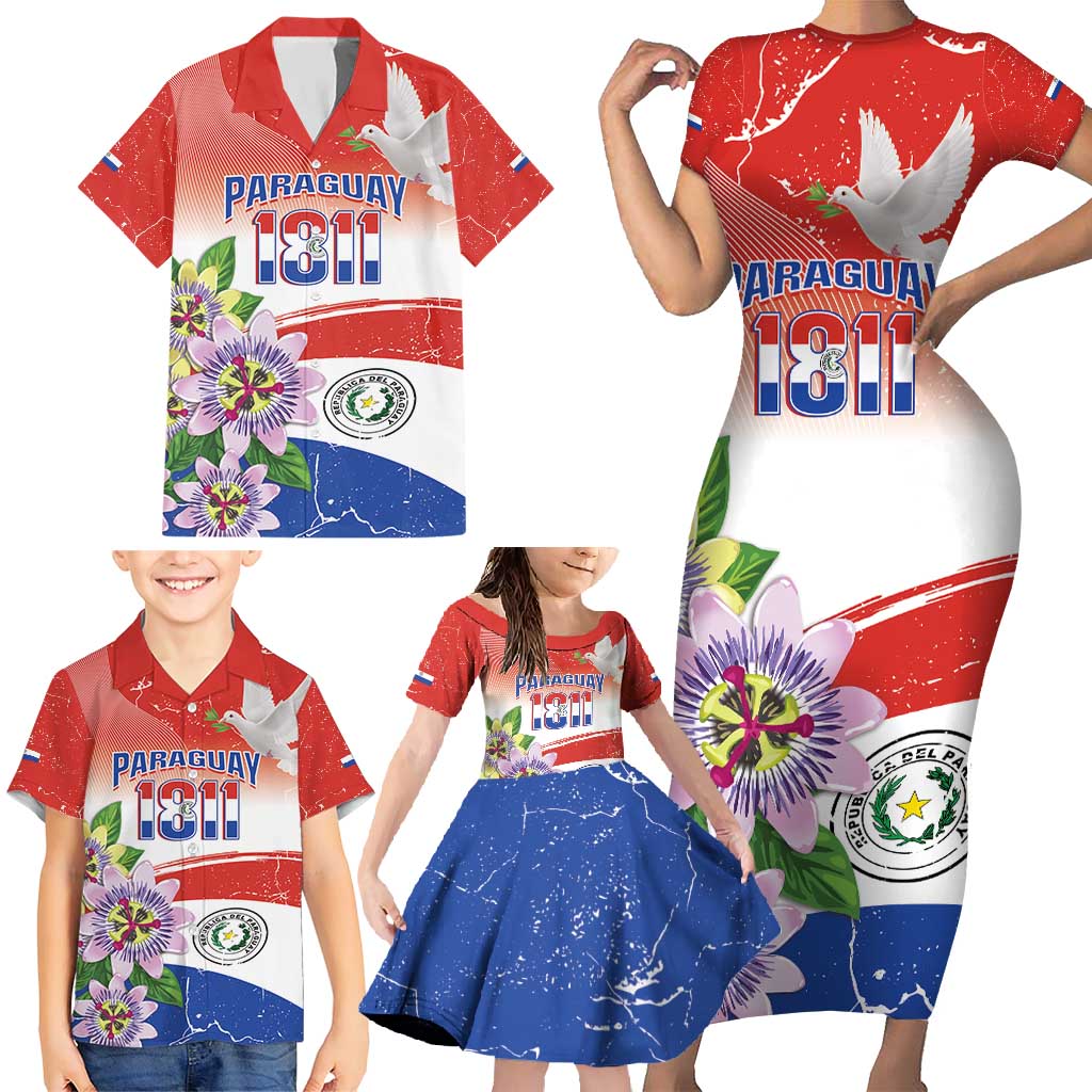 Paraguay 1811 Independence Day Family Matching Short Sleeve Bodycon Dress and Hawaiian Shirt Grunge Flag Mix Passion Flowers