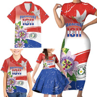Paraguay 1811 Independence Day Family Matching Short Sleeve Bodycon Dress and Hawaiian Shirt Grunge Flag Mix Passion Flowers
