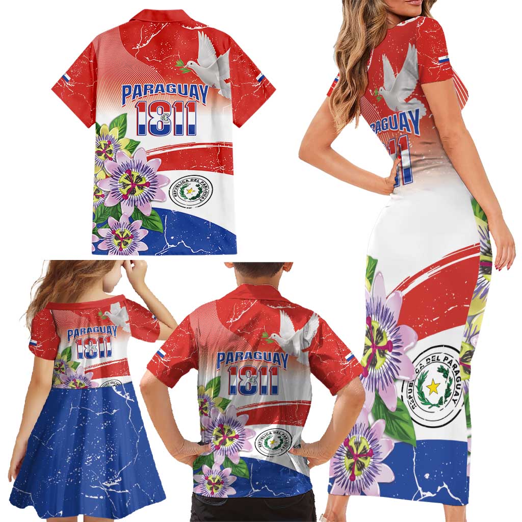 Paraguay 1811 Independence Day Family Matching Short Sleeve Bodycon Dress and Hawaiian Shirt Grunge Flag Mix Passion Flowers