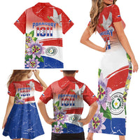 Paraguay 1811 Independence Day Family Matching Short Sleeve Bodycon Dress and Hawaiian Shirt Grunge Flag Mix Passion Flowers