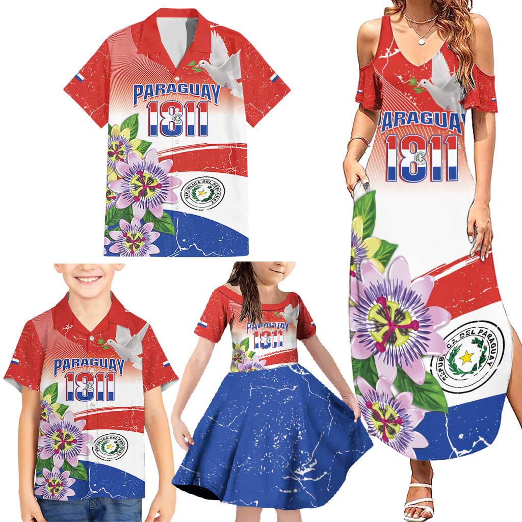 Paraguay 1811 Independence Day Family Matching Summer Maxi Dress and Hawaiian Shirt Grunge Flag Mix Passion Flowers