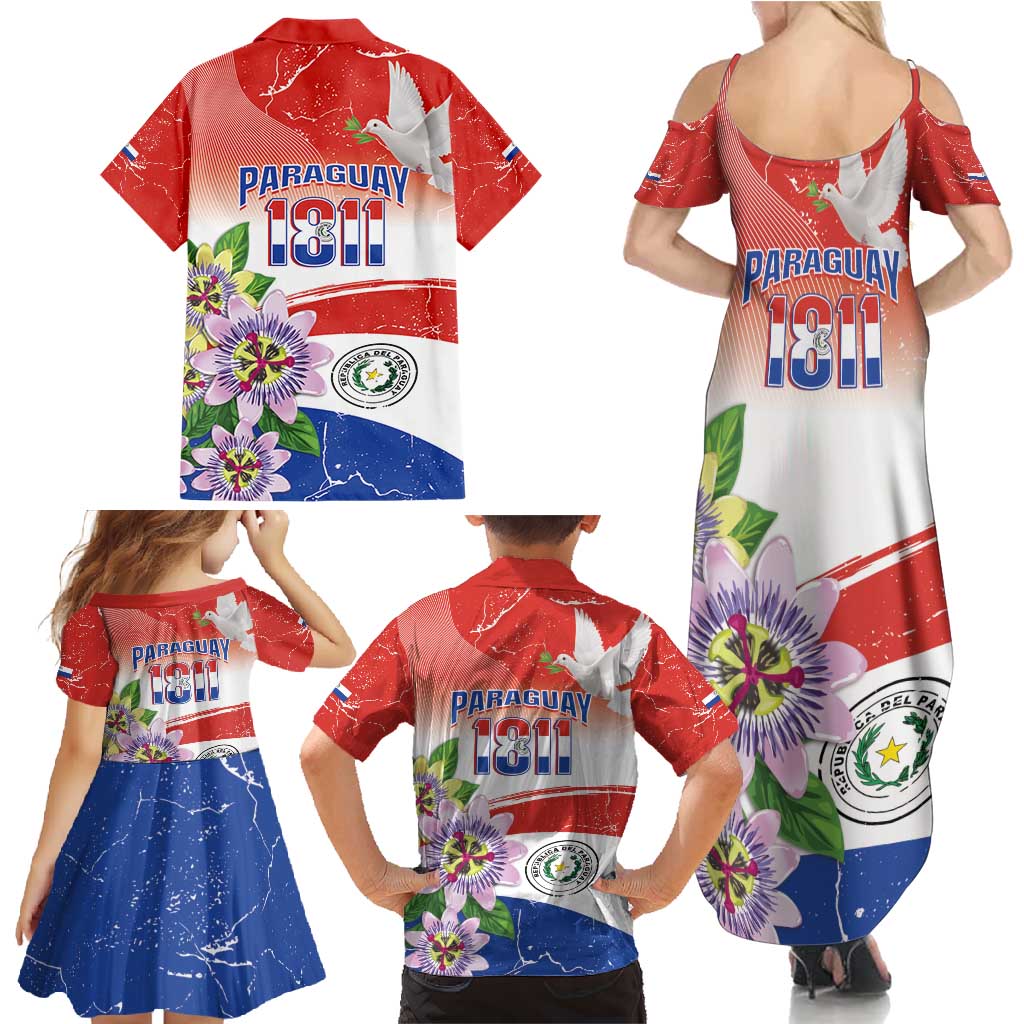 Paraguay 1811 Independence Day Family Matching Summer Maxi Dress and Hawaiian Shirt Grunge Flag Mix Passion Flowers