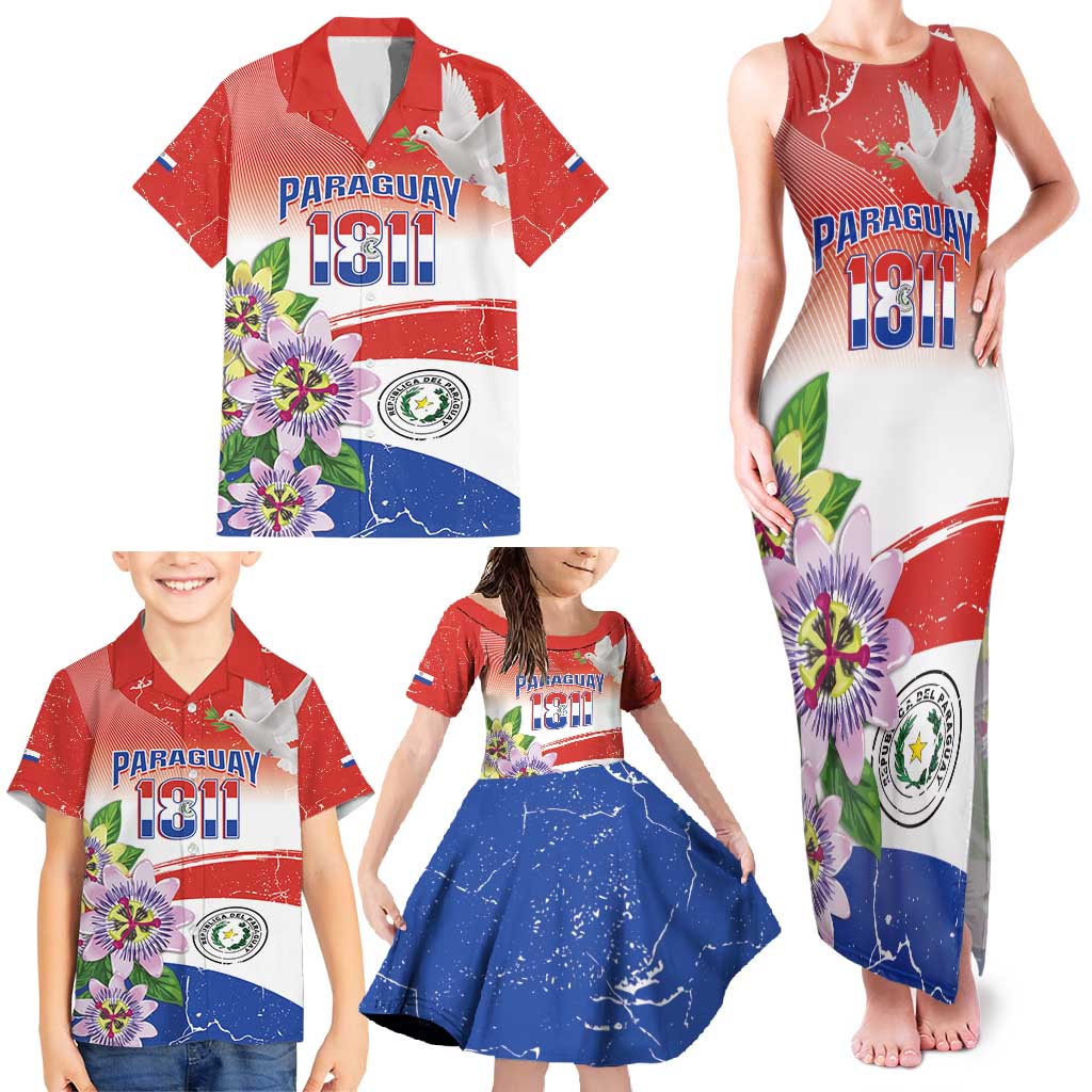 Paraguay 1811 Independence Day Family Matching Tank Maxi Dress and Hawaiian Shirt Grunge Flag Mix Passion Flowers