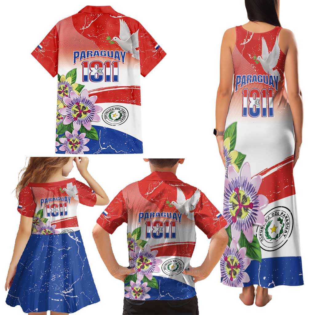 Paraguay 1811 Independence Day Family Matching Tank Maxi Dress and Hawaiian Shirt Grunge Flag Mix Passion Flowers