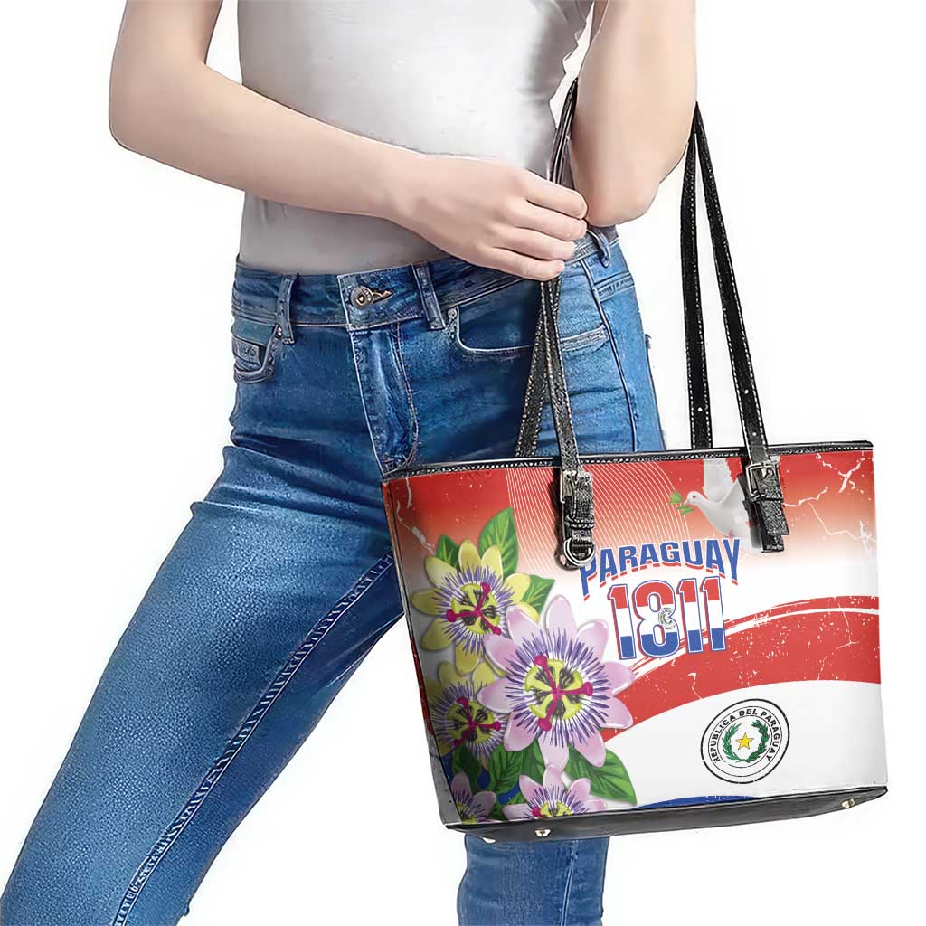Paraguay 1811 Independence Day Leather Tote Bag Grunge Flag Mix Passion Flowers
