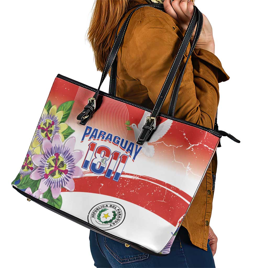 Paraguay 1811 Independence Day Leather Tote Bag Grunge Flag Mix Passion Flowers