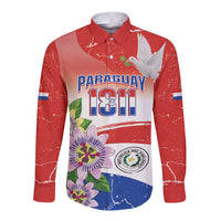 Paraguay 1811 Independence Day Long Sleeve Button Shirt Grunge Flag Mix Passion Flowers