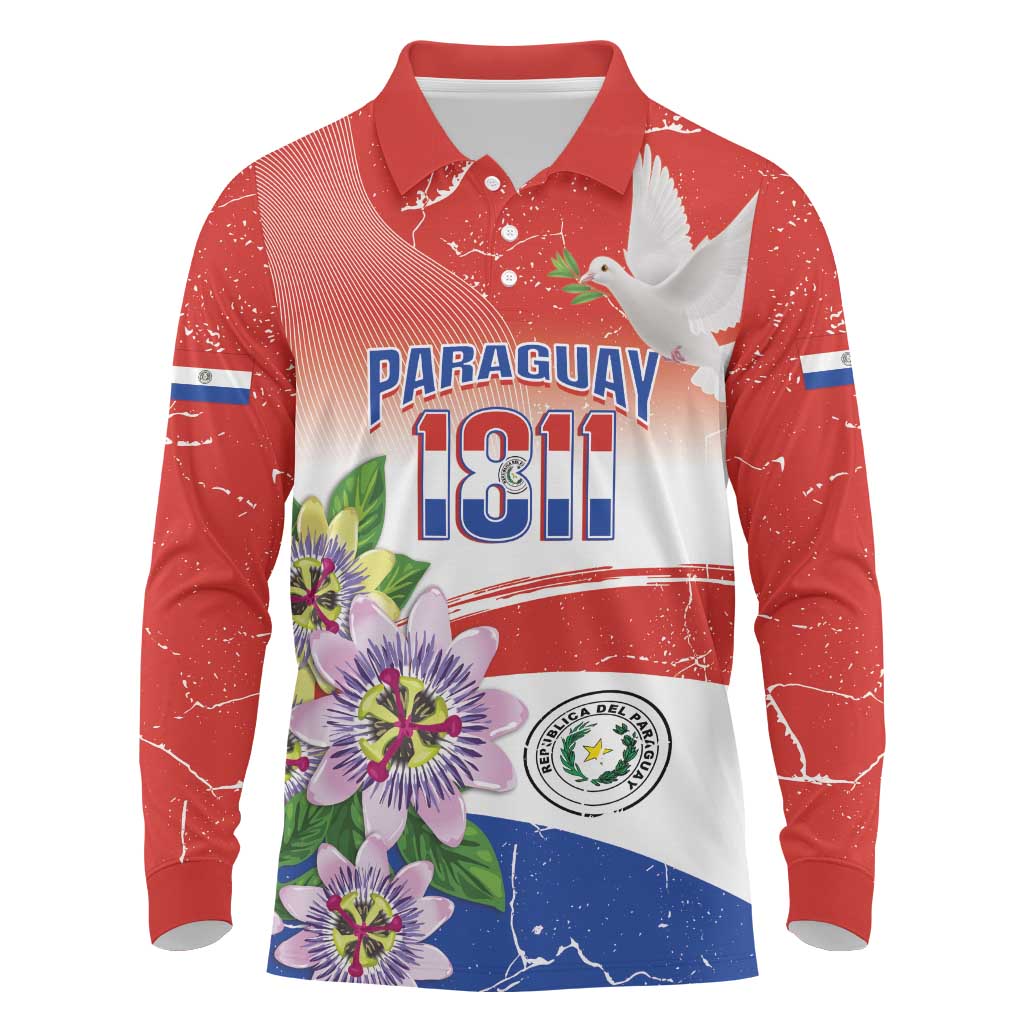 Paraguay 1811 Independence Day Long Sleeve Polo Shirt Grunge Flag Mix Passion Flowers